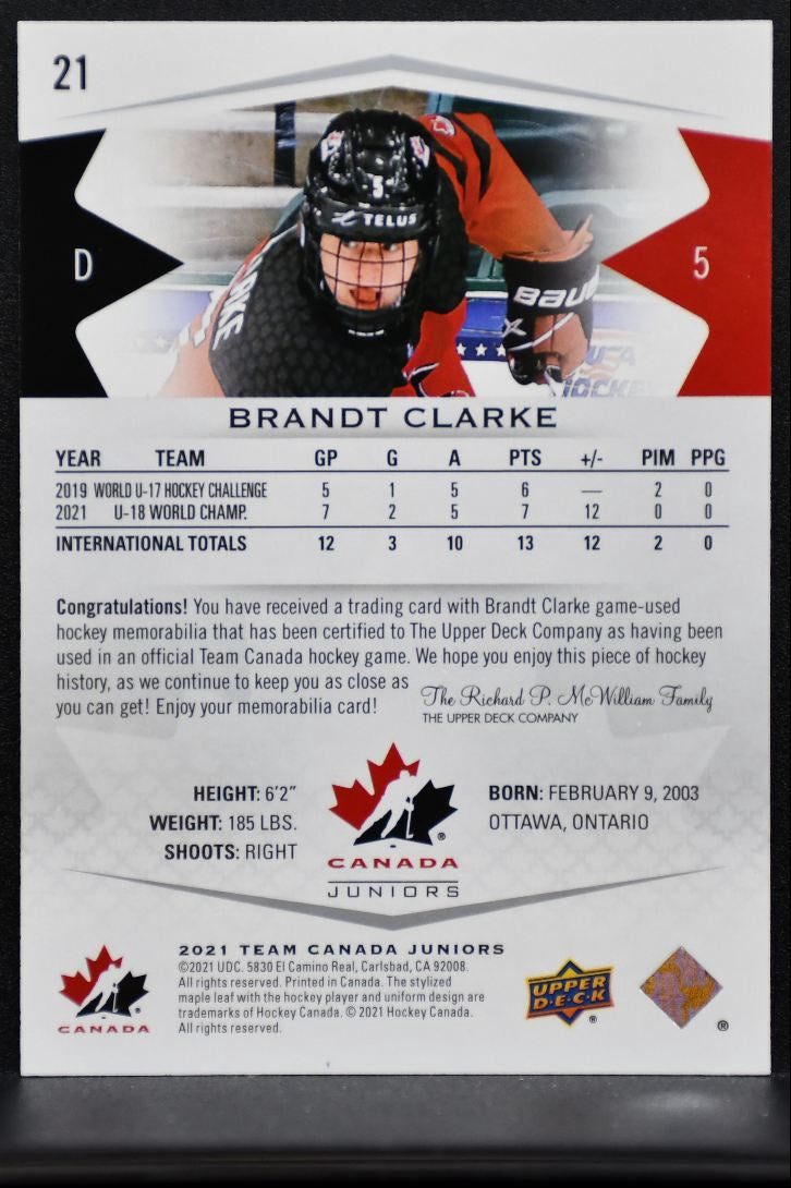 2021-22 Upper Deck Team Canada Juniors Jersey Brandt Clarke Canada Jersey 6323