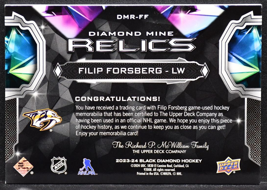 2023-24 UD Black Diamond Mine Relics Filip Forsberg DMR-FF Jersey