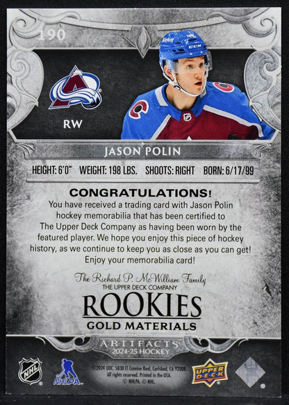 UD Artifacts RCs Gold Materials Jason Polin Colorado Avalanche RC /499 Jersey 4078