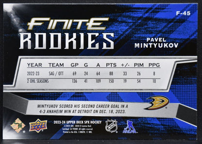 2023-24 SPx Finite Rookies Pavel Mintyukov F-45 Anaheim Ducks RC 332/799 1333