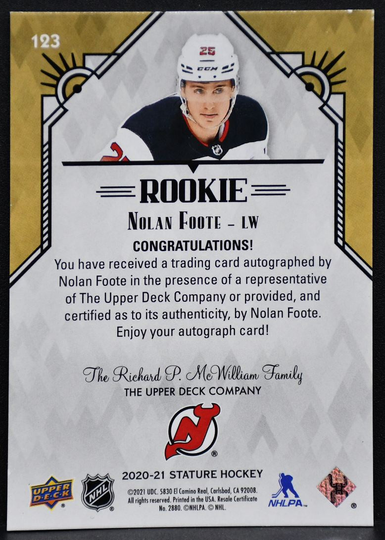 2020-21 UD Stature Rookie Auto Green Nolan Foote 123 Devils RC Auto 67/85