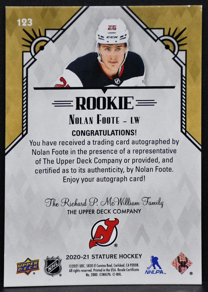 2020-21 UD Stature Rookie Auto Green Nolan Foote 123 Devils RC Auto 67/85