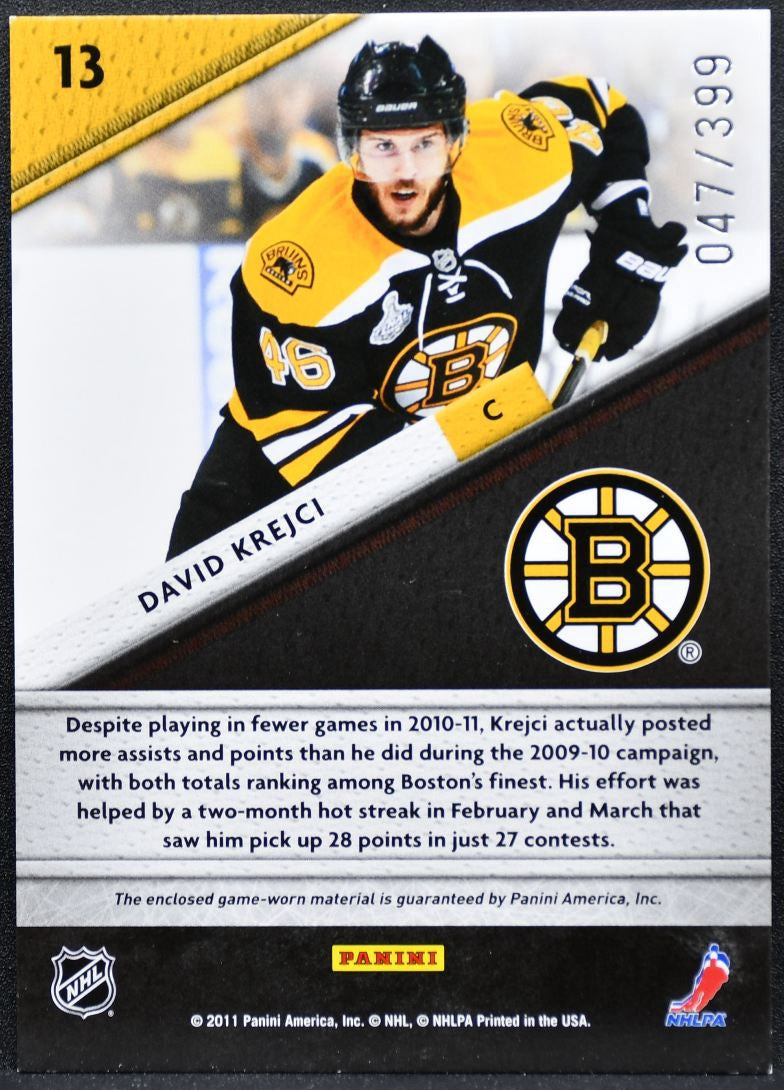2011-12 Panini Certified Fabric of the Game David Krejci 13 /399 Jersey 1366