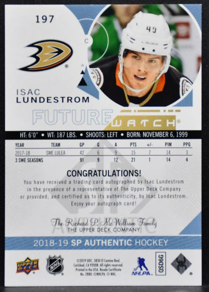 2018-19 SP Authentic Future Watch Auto Lundestrom RC Auto 313/999 5580