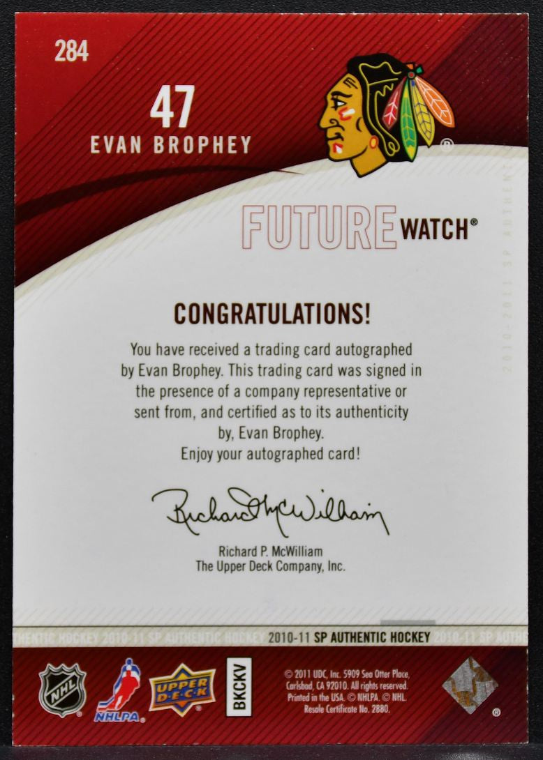 2010-11 SP Authentic Future Watch Auto Evan Brophey Blackhawks RC Auto 7019