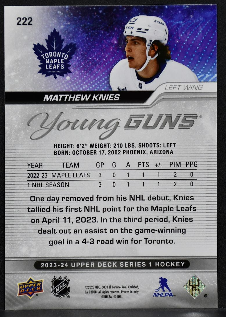 2023-24 UD Series 1 Young Guns Matthew Knies 222 Toronto Maple Leafs RC #1