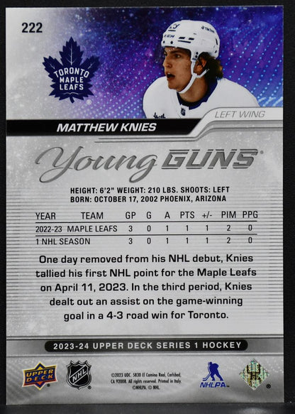 2023-24 UD Series 1 Young Guns Matthew Knies 222 Toronto Maple Leafs RC #1