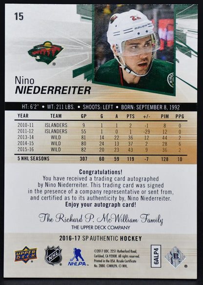 2016-17 SP Authentic Spectrum Autographs Nino Niederreiter 15 Auto