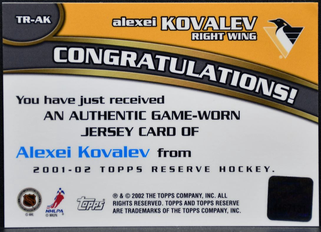 2001-02 Topps Reserve Jersey Relic Alexei Kovalev TR-AK Penguins Jersey 1464