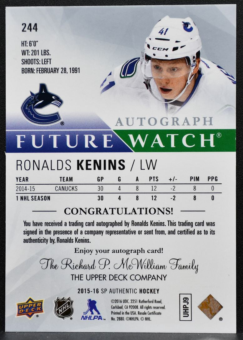 2015-16 SP Authentic Future Watch Auto Ronalds Kenins RC Auto 577/999 8841