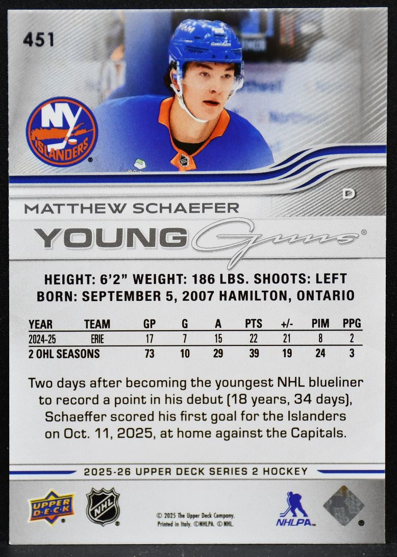2025-26 Upper Deck Series 2 Young Guns Matthew Schaefer 451 Islanders RC 4098