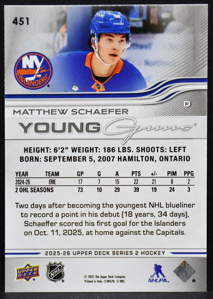 2025-26 Upper Deck Series 2 Young Guns Matthew Schaefer 451 Islanders RC 4098