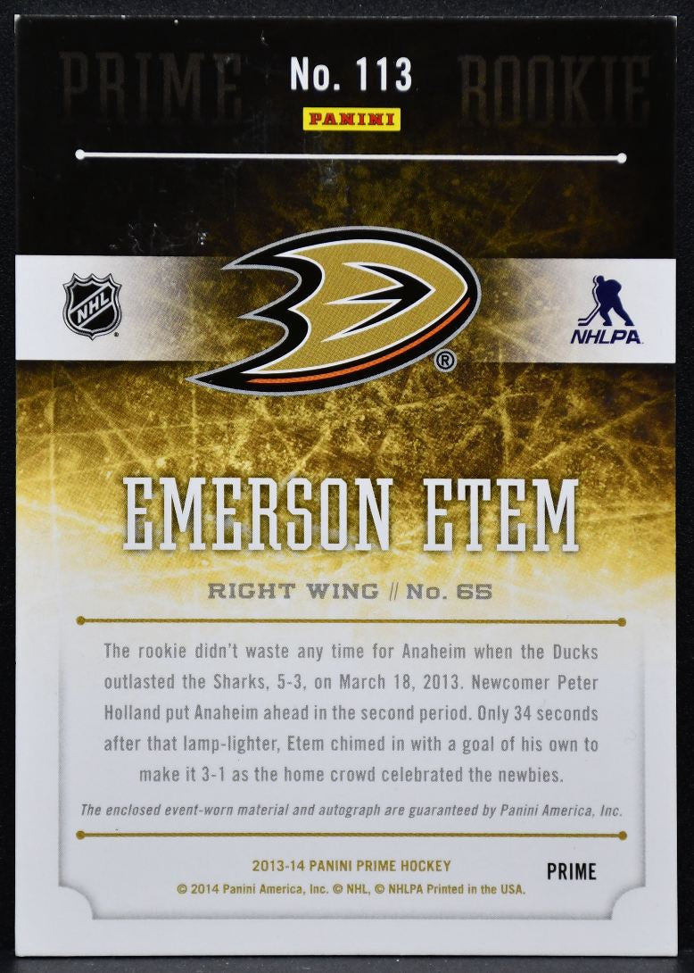 2013-14 Panini Prime Rookie Auto Jersey Emerson Etem 113 RC Auto Jersey 4143