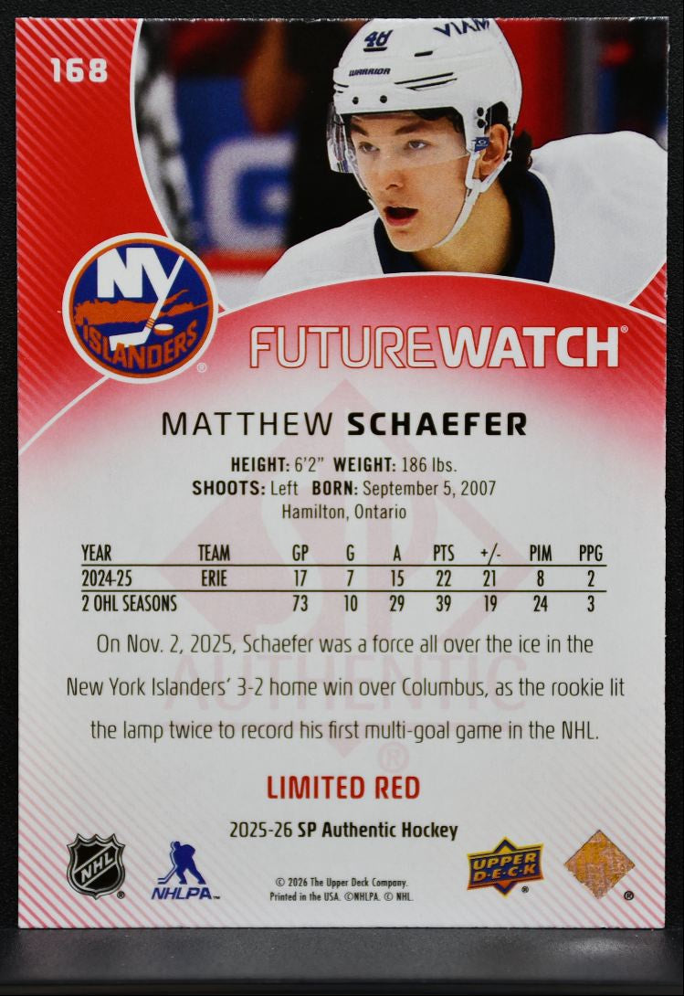 2025-26 SP Authentic Future Watch Limited Red Matthew Schaefer Islanders RC 0566