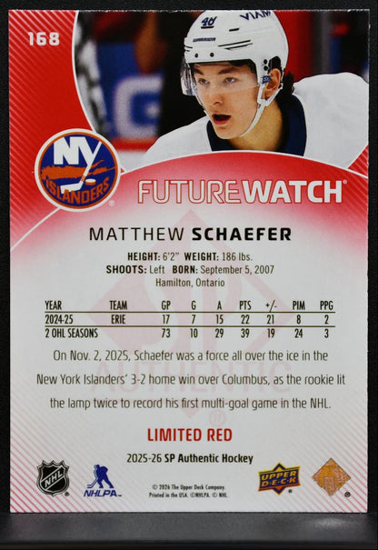 2025-26 SP Authentic Future Watch Limited Red Matthew Schaefer Islanders RC 0566