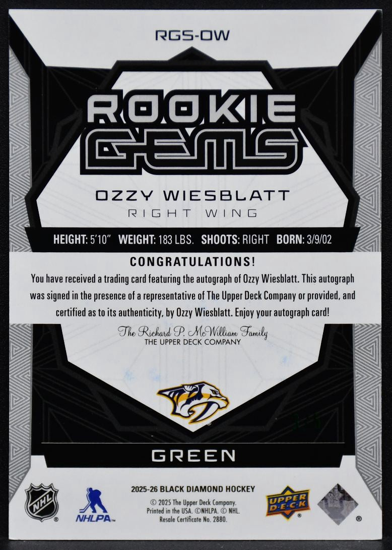 2025-26 UD Black Diamond Rookie Gems Signatures Ozzy Wiesblatt RGS-OW RC Auto