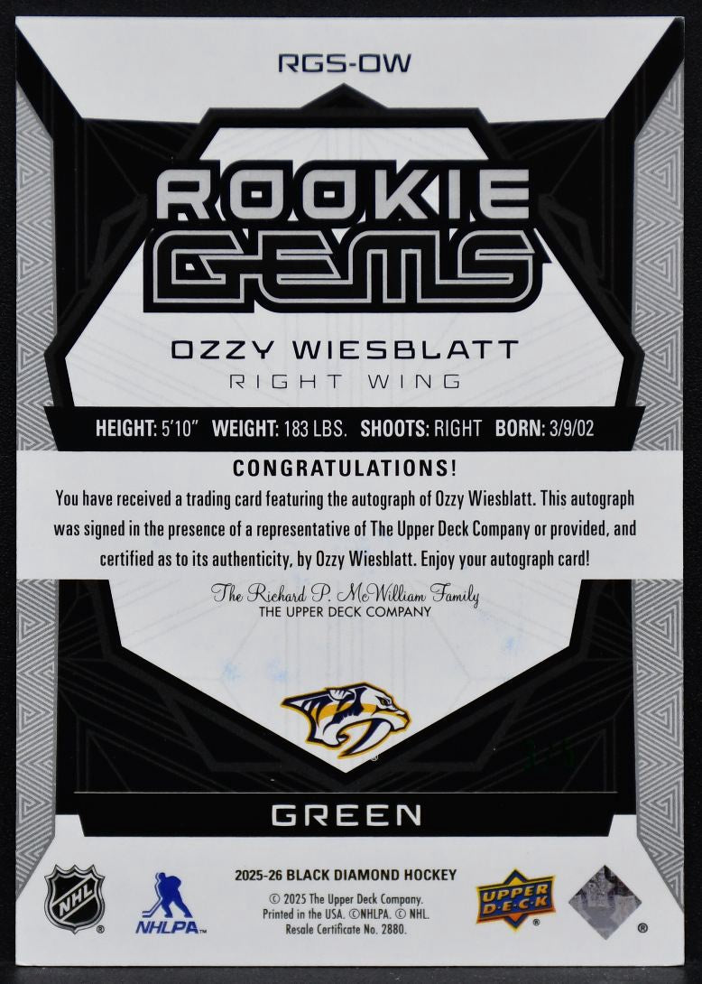 2025-26 UD Black Diamond Rookie Gems Signatures Ozzy Wiesblatt RGS-OW RC Auto