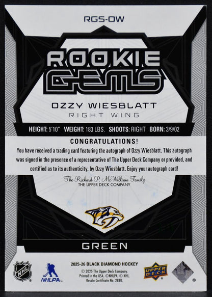 2025-26 UD Black Diamond Rookie Gems Signatures Ozzy Wiesblatt RGS-OW RC Auto