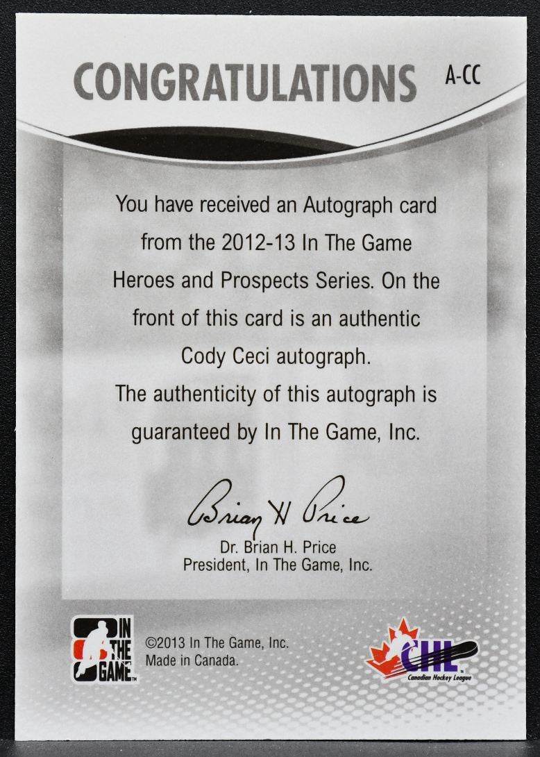 2012-13 ITG Heroes and Prospects Autographs Cody Ceci A-CC Ottawa 67's Auto 7320