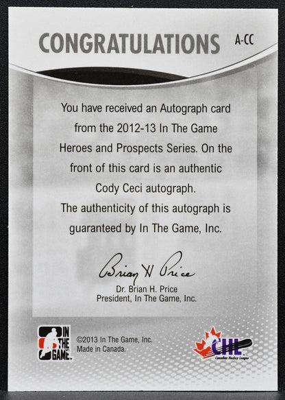 2012-13 ITG Heroes and Prospects Autographs Cody Ceci A-CC Ottawa 67's Auto 7320