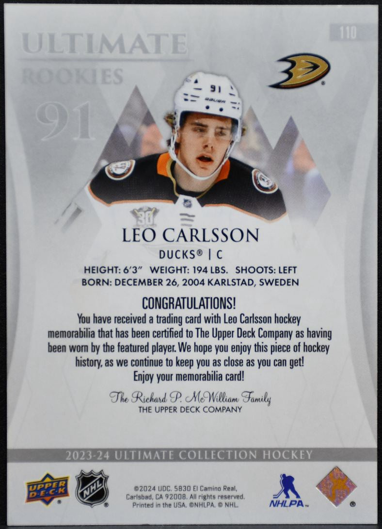 2023-24 UD Ultimate Collection Rookies Jersey Carlsson Ducks RC /349 Jersey 3598