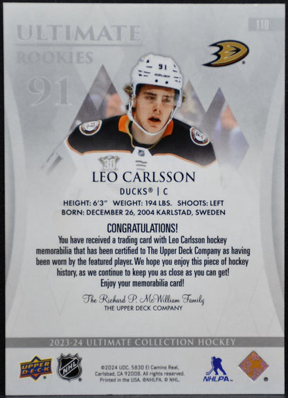 2023-24 UD Ultimate Collection Rookies Jersey Carlsson Ducks RC /349 Jersey 3598