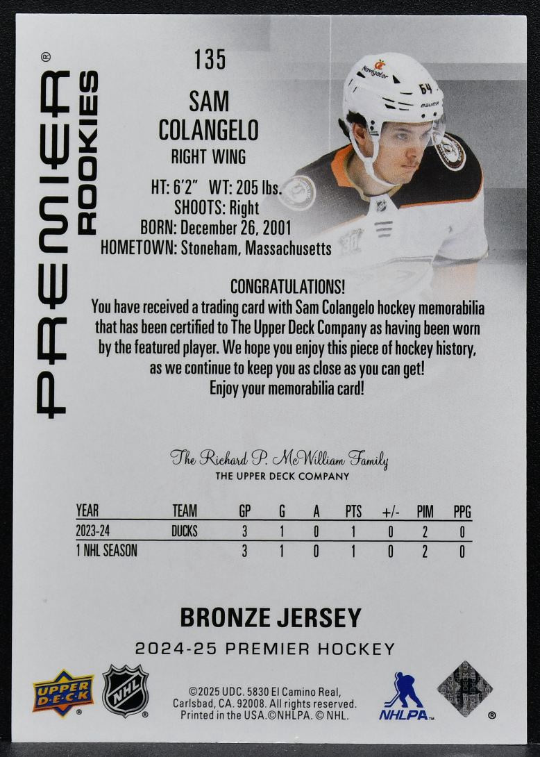2024-25 Upper Deck Premier Rookies Bronze Sam Colangelo 135 RC Jersey 9125