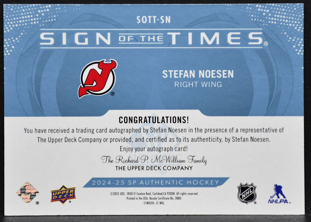 2024-25 SP Authentic Sign of the Times Stefan Noesen SOTT-SN Auto