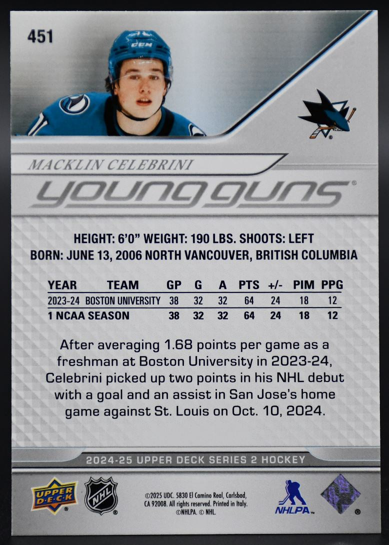 2024-25 UD Series 2 Macklin Celebrini 451 San Jose Sharks RC