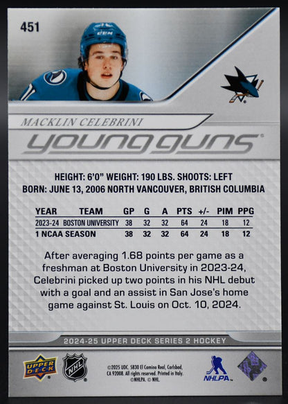 2024-25 UD Series 2 Macklin Celebrini 451 San Jose Sharks RC