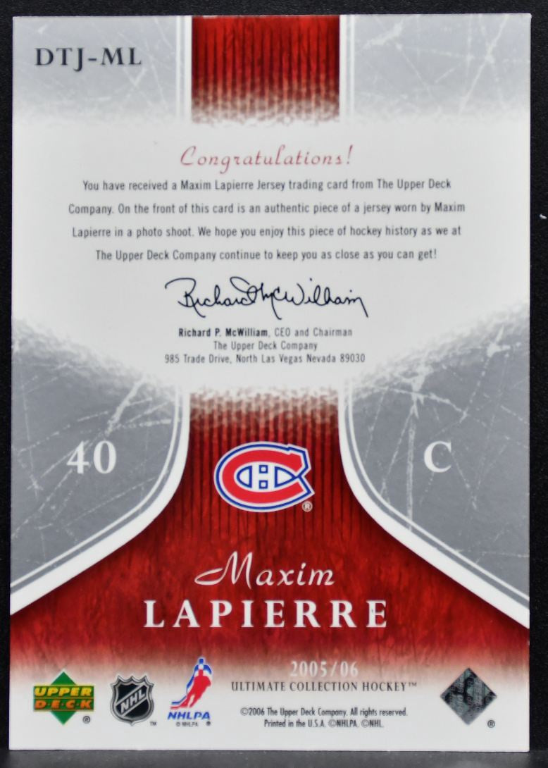 2005-06 UD Ultimate Collection Debut Threads Lapierre RC 182/250 Jersey 4385