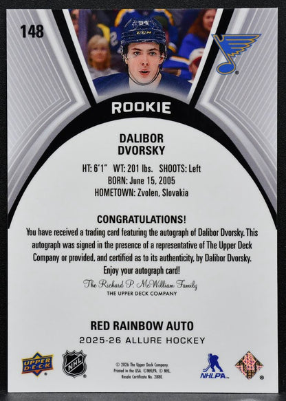 2025-26 UD Allure Red Rainbow Rookie Auto Dalibor Dvorsky 148 Blues RC Auto 7498