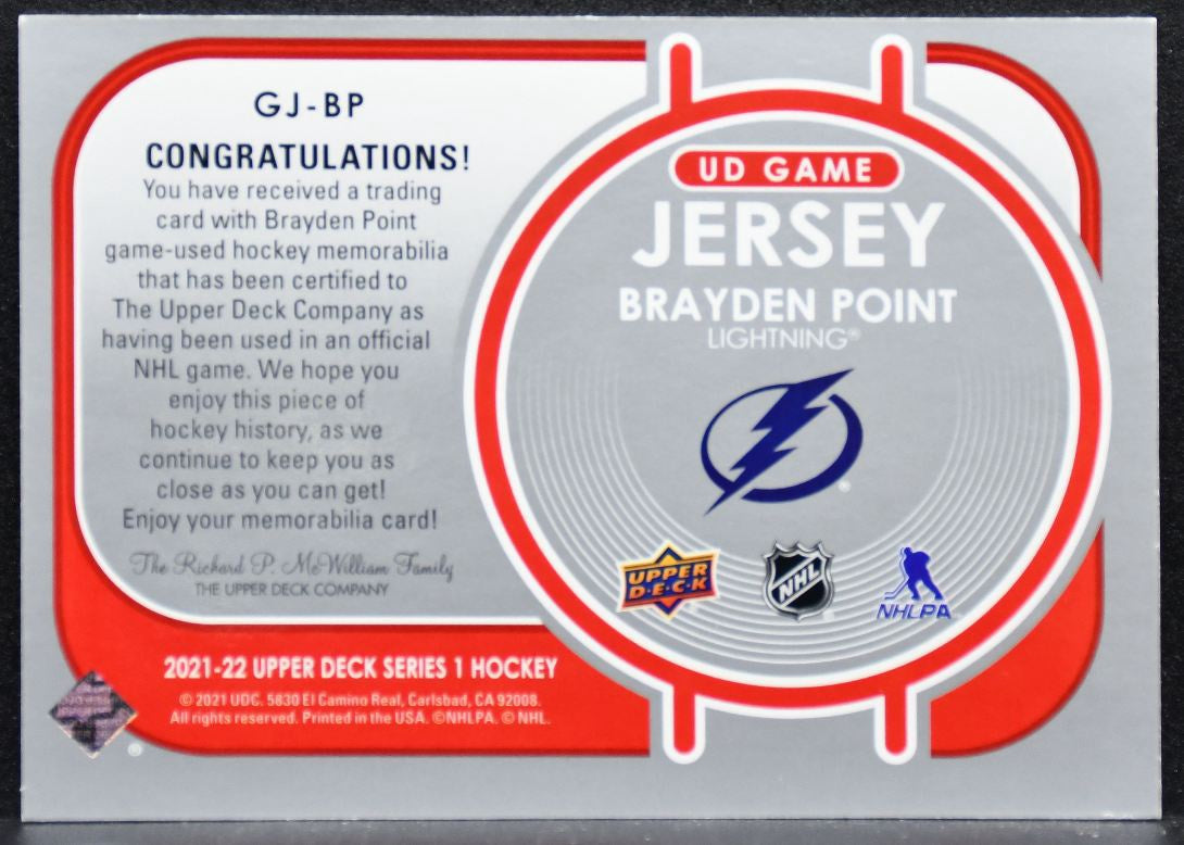 2021-22 Upper Deck Series 1 UD Game Jersey Brayden Point Lightning Jersey 5467