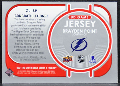 2021-22 Upper Deck Series 1 UD Game Jersey Brayden Point Lightning Jersey 5467