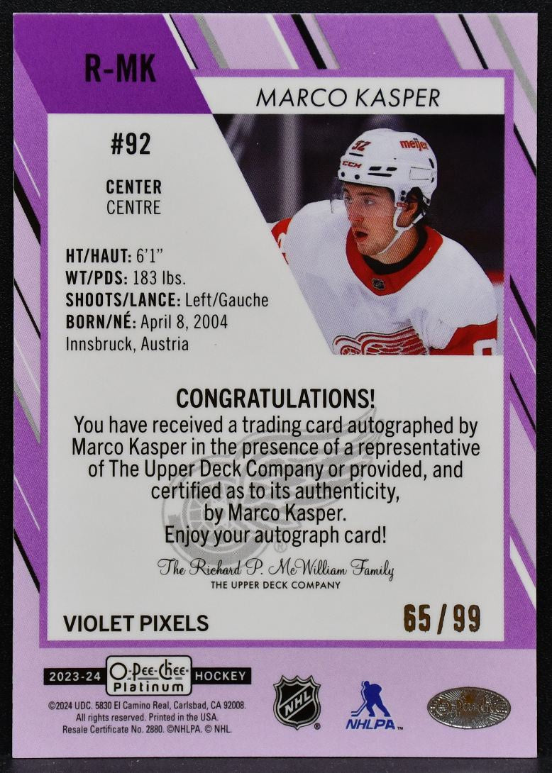 2023-24 OPC Platinum Violet Pixels Kasper R-MK Red Wings RC Auto 65/99 6757