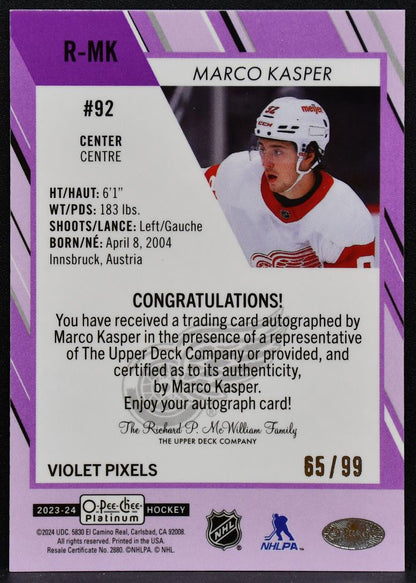 2023-24 OPC Platinum Violet Pixels Kasper R-MK Red Wings RC Auto 65/99 6757