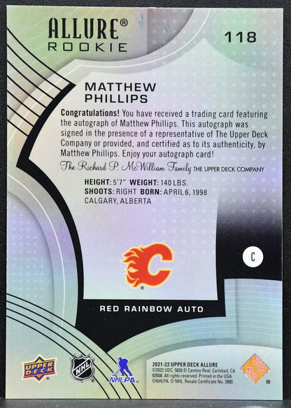 2021-22 Upper Deck Allure Red Rainbow Auto Matthew Phillips Flames RC Auto 6953