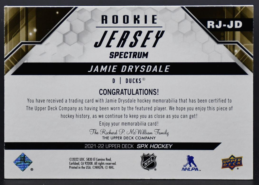 2021-22 SPx Rookie Jersey Spectrum Jamie Drysdale RJ-JD RC 42/99 Jersey