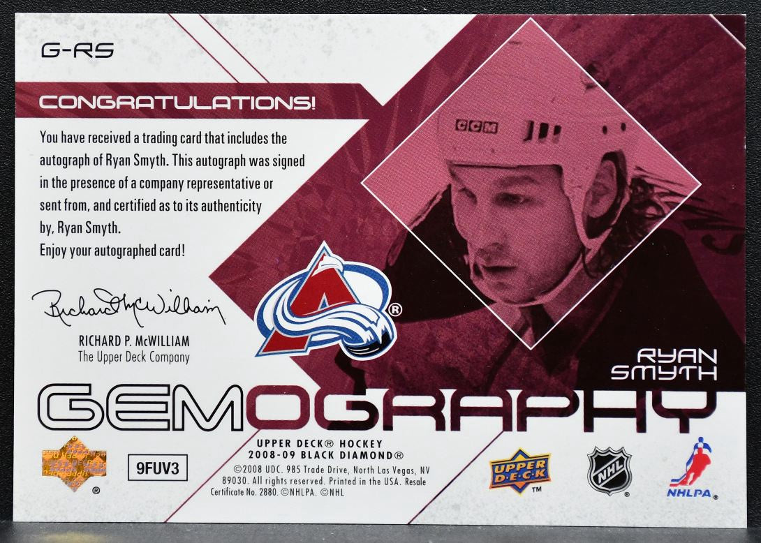 2008-09 Upper Deck Black Diamond Gemography Ryan Smyth G-RS Avalanche Auto 9525