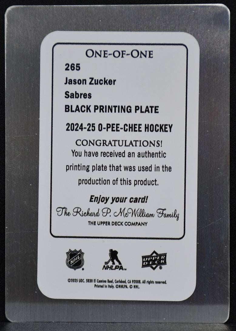 2024-25 O-Pee-Chee Retro Printing Plate Jason Zucker 265 Buffalo Sabres 4015