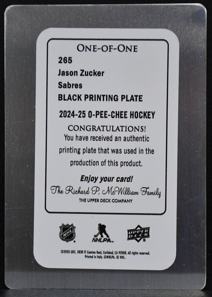 2024-25 O-Pee-Chee Retro Printing Plate Jason Zucker 265 Buffalo Sabres 4015