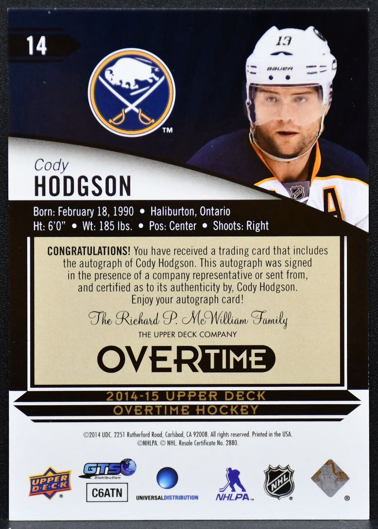 2014-15 Upper Deck Overtime Autographs Cody Hodgson 14 Buffalo Sabres Auto 2742