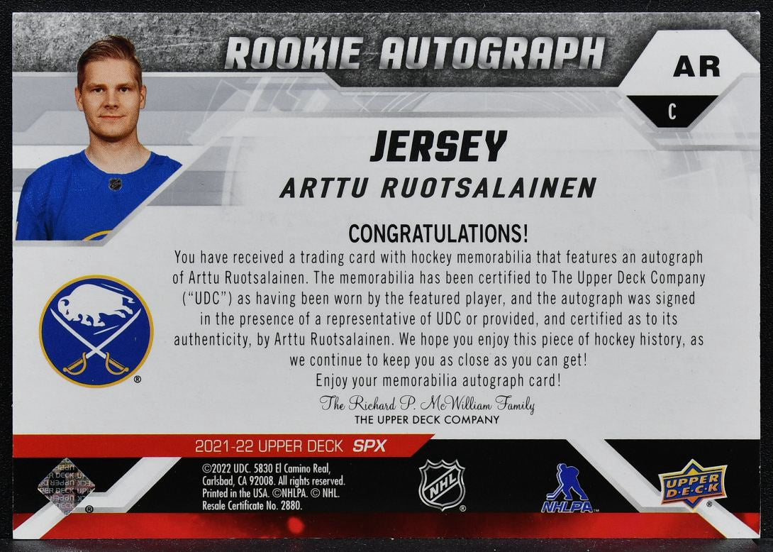2021-22 SPx Rookie Auto Jersey Arttu Ruotsalainen AR RC Auto Jersey 0503