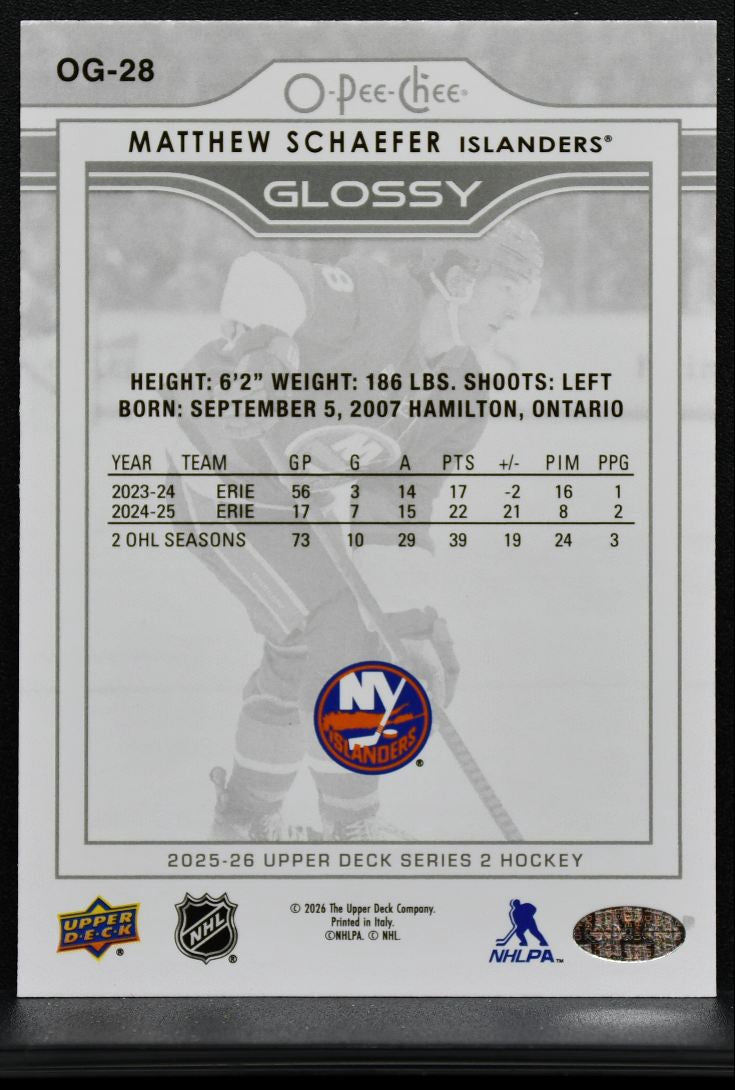 2025-26 UD Series 2 O-Pee-Chee Glossy Matthew Schaefer OG-28 Islanders RC 0122