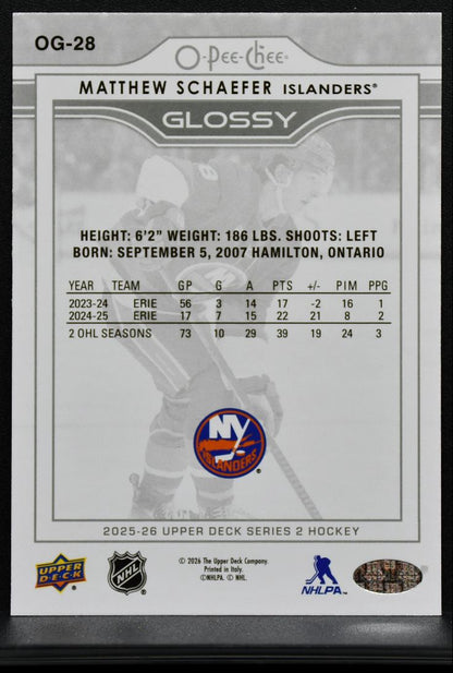 2025-26 UD Series 2 O-Pee-Chee Glossy Matthew Schaefer OG-28 Islanders RC 0122
