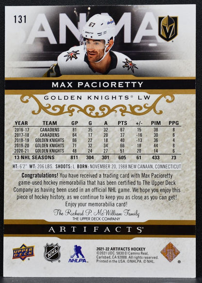 2021-22 UD Artifacts Gold Materials Max Pacioretty 086/199 Jersey 4539