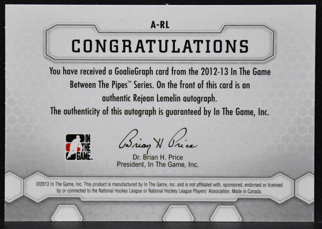 2012-13 In The Game Between Pipes Authentic Goaliegraphs Lemelin Flames Auto 4283