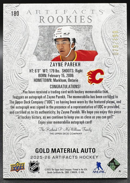 2025-26 UD Artifacts Zayne Parekh 180 Calgary Flames RC AUTO Jersey 079/199
