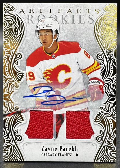 2025-26 UD Artifacts Zayne Parekh 180 Calgary Flames RC AUTO Jersey 079/199