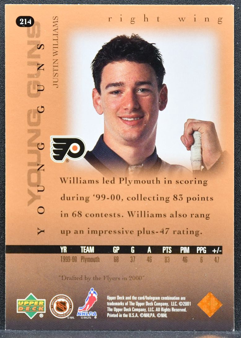 2000-01 Upper Deck Young Guns Justin Williams 214 Philadelphia Flyers RC 5893